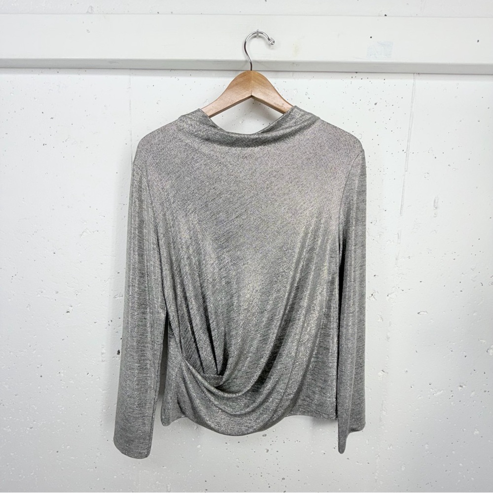 Clara SunWoo Women’s Size Large Silver Shimmer High Boat Neck Side Draped Top
